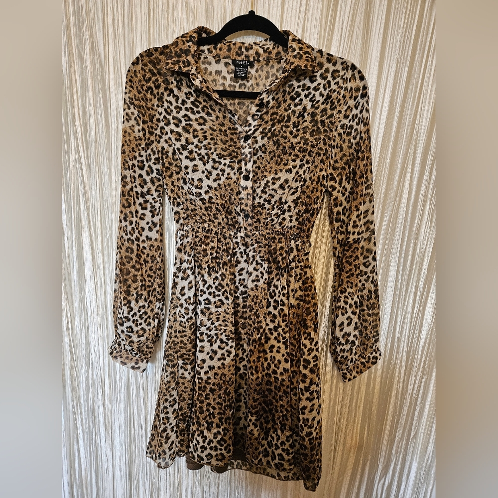 Long Sleeve Leopard Print Button Dress- Women's Size S